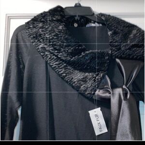 Elegant Black Dress with Faux Fur removable Collar and satin tie